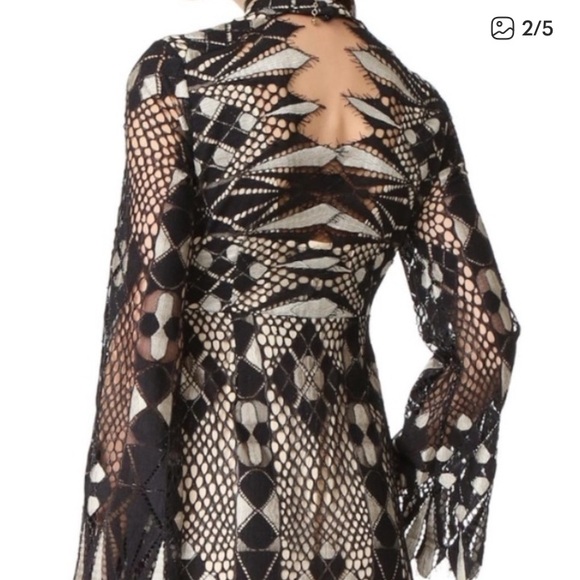 Free People deco lace black with cream underlay mini dress. Flared sleeves. 6 - Picture 3 of 11